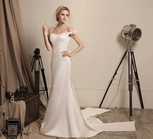 Rose Manor - Beaded Floral lace off-the-shoulder mermaid soft silky satin prom dress colored wedding dress