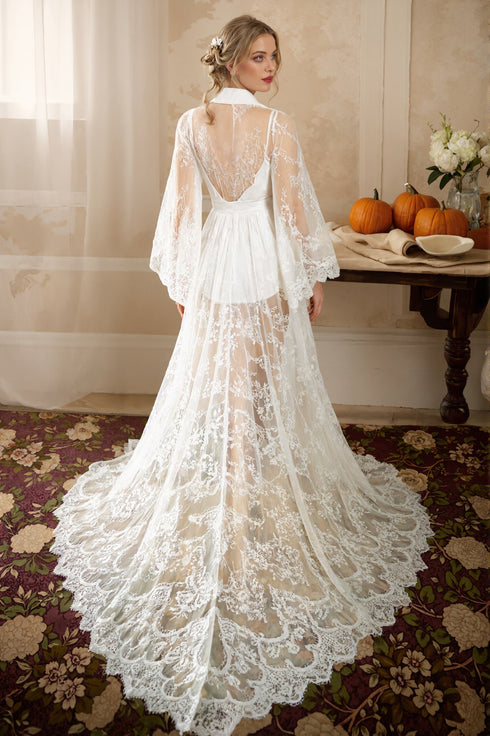 Chantilly Floral Lace Long Robe Set with Train - Next Day Shipping