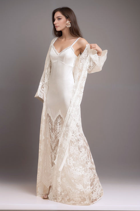 Chantilly Lace Long Robe with Silky Satin Lace Nightgown - next day shipping