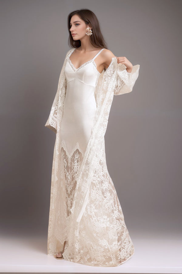 Chantilly Lace Long Robe with Silky Satin Lace Nightgown - next day shipping