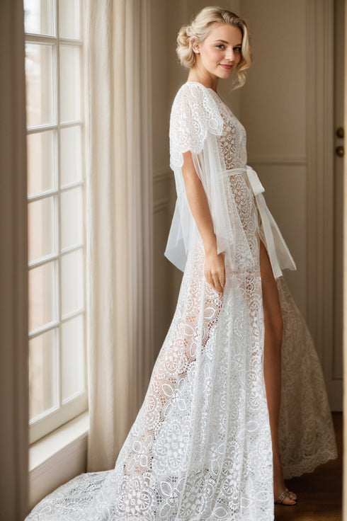 Chantilly Floral Lace Tulle Mesh Long Bridal Robe with Train