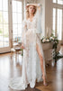 Chantilly Floral Lace Tulle Mesh Long Bridal Robe with Train