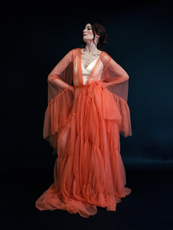 Tulle Ruffled Sleeves Layered Fringe Long Robe Dress