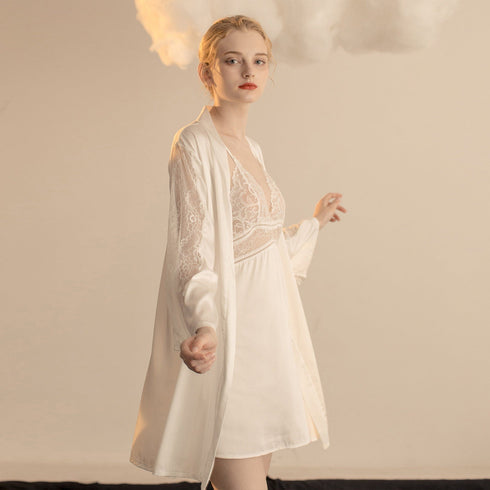 Luxurious Lace Satin Bridal Lingerie Set with Nightgown & Robe - 7 Colors Next Day Shipping