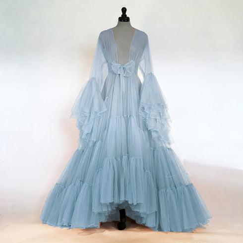 Tulle Ruffled Sleeves Layered Fringe Long Robe Dress