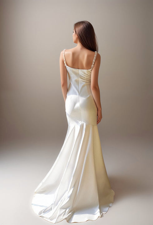 Goddess Style Pearl Beaded Spaghetti-straps Mermaid Satin wedding dress small train