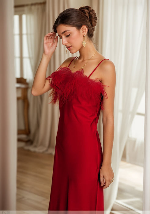 Luxury Ostrich Feather Silky Satin Long Nightgown