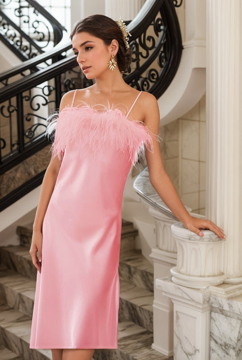 Luxury Ostrich Feather Silky Satin Long Nightgown