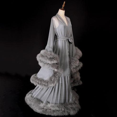 Elegant Luxury 2-Layer Thick Turkey Feather Fringe Hem Long Tulle Robe with Nightgown Multi-Colors