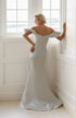 Elegant off the shoulder fit and flare duchess satin simple wedding dress colored wedding dress