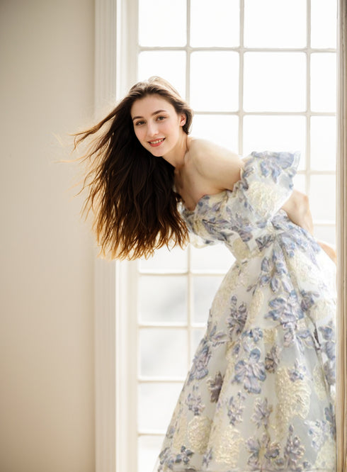 Elora - embroidery golden blue floral pattern off-the-shoulder Princess Prom Dress