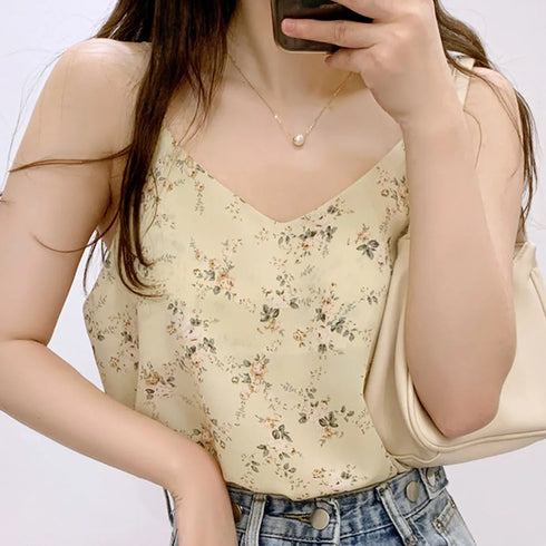 Women Floral Printed V-neck Tank Tops-Casual Sleeveless Loose Shirt