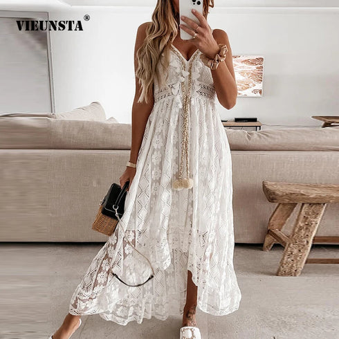 Off Shoulder Lace Patchwork- V Neck Spaghetti Strap Dress