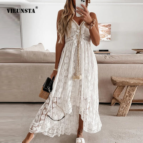 Off Shoulder Lace Patchwork- V Neck Spaghetti Strap Dress