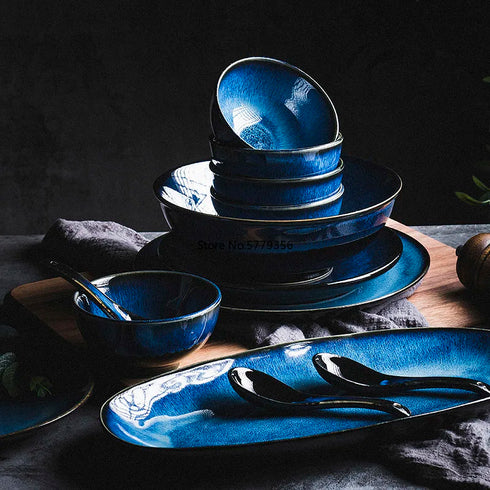 Japanese Blue Kiln-Glazed Ceramic Tableware Set – Elegant Porcelain Rice Bowls, Plates, Spoons, and Ramen Soup Dishes