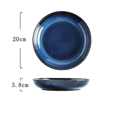 Japanese Blue Kiln-Glazed Ceramic Tableware Set – Elegant Porcelain Rice Bowls, Plates, Spoons, and Ramen Soup Dishes
