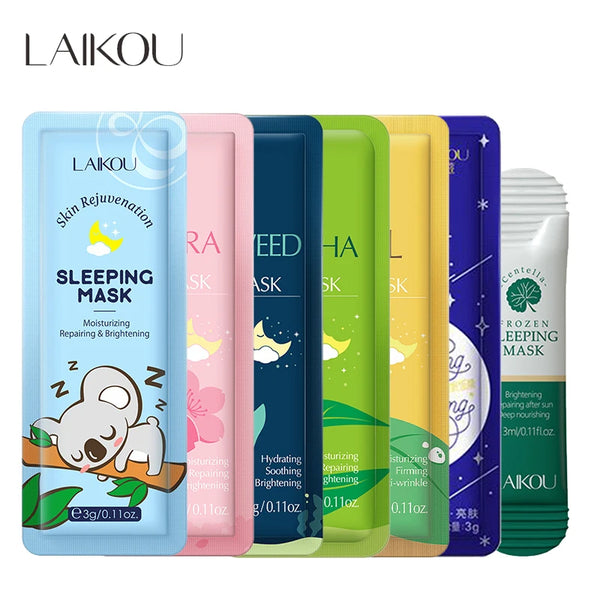 7-Piece Night Facial Mask Pack – Moisturizing and Nourishing Sleeping Masks with Natural Ingredients – Sakura, Seaweed, Snail, Centella, Matcha, and 24K Gold – 3g x 7pcs