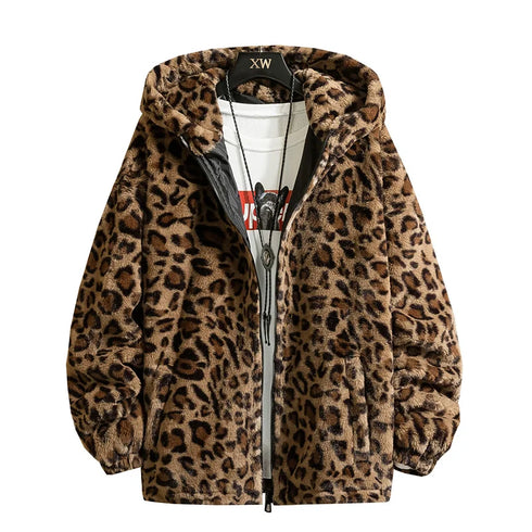Men's Thick Leopard Print Hooded Jacket – Stylish, Warm, and Comfortable