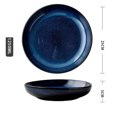 Japanese Blue Kiln-Glazed Ceramic Tableware Set – Elegant Porcelain Rice Bowls, Plates, Spoons, and Ramen Soup Dishes