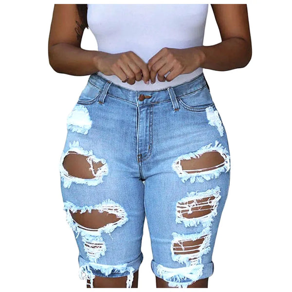 Women Skinny Ripped Jean Short-Plus Size Elastic Denim Shorts