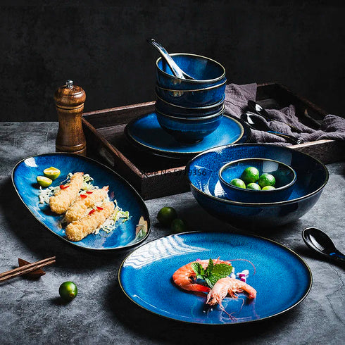 Japanese Blue Kiln-Glazed Ceramic Tableware Set – Elegant Porcelain Rice Bowls, Plates, Spoons, and Ramen Soup Dishes