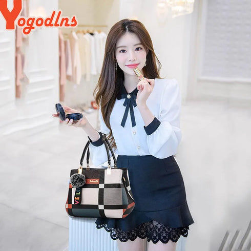 Yogodlns New Luxury Women's Handbag-Designer Stitching Plaid Shoulder Bag