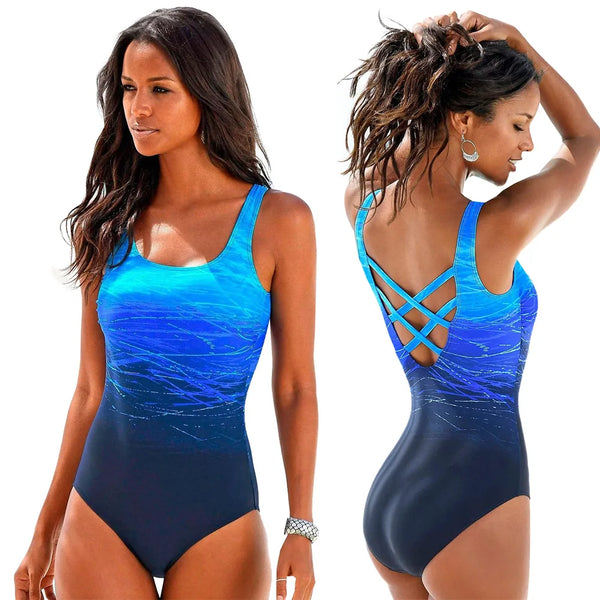 Push Up Criss Cross Back Swimsuit for Women-One Piece Gradient Print Bathing Suits