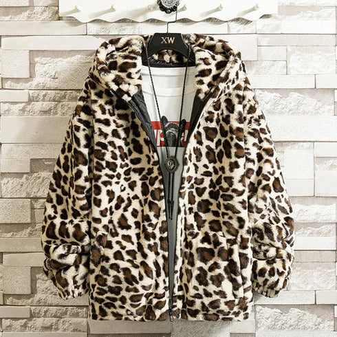 Men's Thick Leopard Print Hooded Jacket – Stylish, Warm, and Comfortable