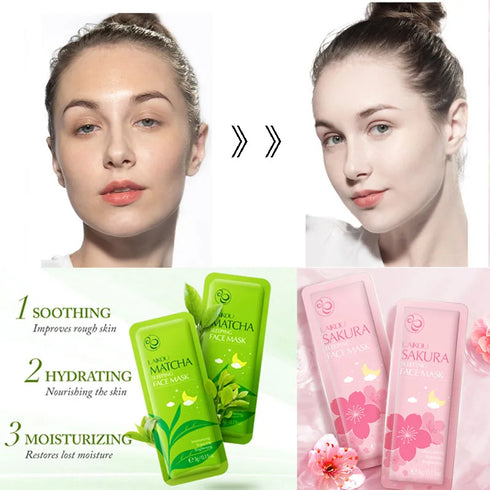 7-Piece Night Facial Mask Pack – Moisturizing and Nourishing Sleeping Masks with Natural Ingredients – Sakura, Seaweed, Snail, Centella, Matcha, and 24K Gold – 3g x 7pcs