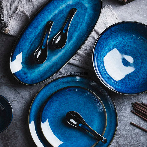 Japanese Blue Kiln-Glazed Ceramic Tableware Set – Elegant Porcelain Rice Bowls, Plates, Spoons, and Ramen Soup Dishes