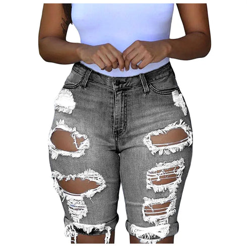 Women Skinny Ripped Jean Short-Plus Size Elastic Denim Shorts