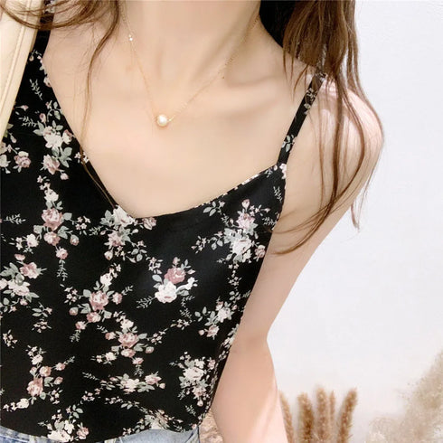 Women Floral Printed V-neck Tank Tops-Casual Sleeveless Loose Shirt