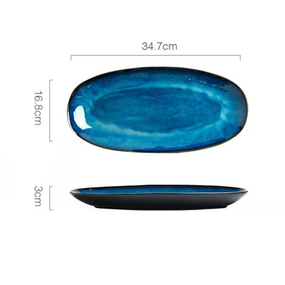 Japanese Blue Kiln-Glazed Ceramic Tableware Set – Elegant Porcelain Rice Bowls, Plates, Spoons, and Ramen Soup Dishes