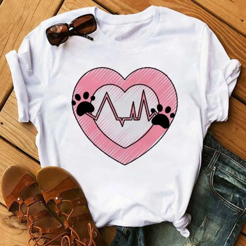 Women's Fashion Dogs Paws Print T Shirt-Casual O neck Short Sleeve Shirt