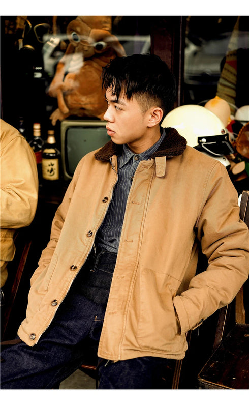DAFEILI 100% Cotton Vintage N1 Deck Jacket – Sherpa-Lined Military Motorcycle Winter Parka for Men