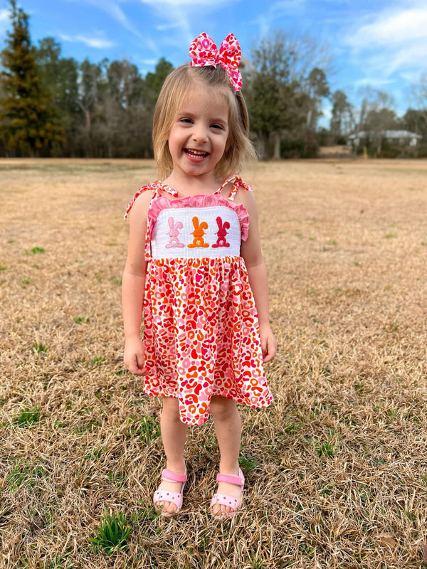Smocked orange and pink leopard bunny Dress