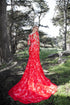 Coronation - Selena Huan Red Lace Long-sleeves Mermaid Gown Lace Colored Wedding Dress