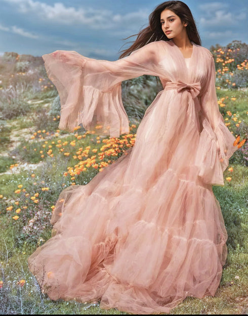 Tulle Ruffled Sleeves Layered Fringe Long Robe Dress