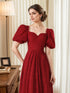 Romantic Vintage-Inspired Ruby Red Lace Midi Dress with Puff Sleeves