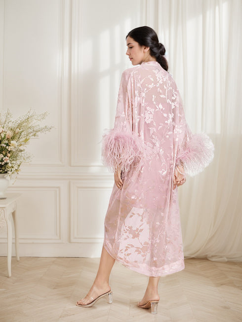 Luxurious Sequin Embroidered Lace Ostrich Feather Robe Set – Blush Pink Elegance