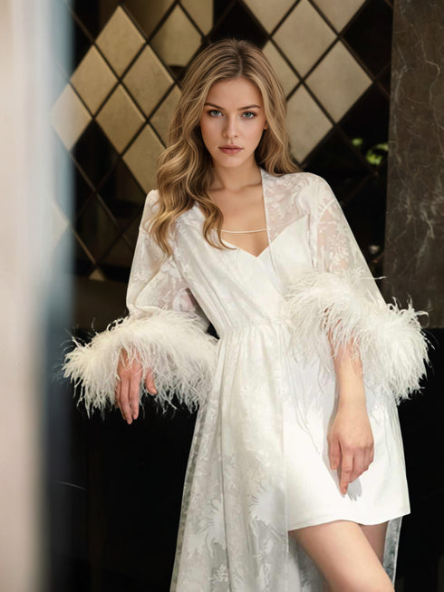Luxury White Feather Trim Lace Long Robe Dress Set | Bridal Getting Ready & Photoshoot Gown
