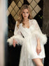 Luxury White Feather Trim Lace Long Robe Dress Set | Bridal Getting Ready & Photoshoot Gown