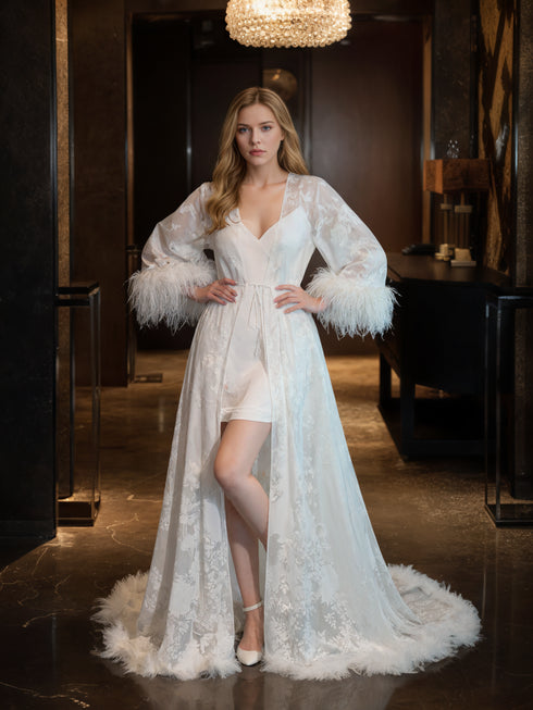 Luxury White Feather Trim Lace Long Robe Dress Set | Bridal Getting Ready & Photoshoot Gown