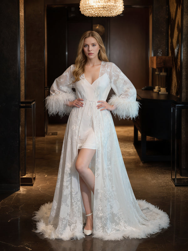 Luxury White Feather Trim Lace Long Robe Dress Set | Bridal Getting Ready & Photoshoot Gown