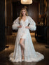 Luxury White Feather Trim Lace Long Robe Dress Set | Bridal Getting Ready & Photoshoot Gown