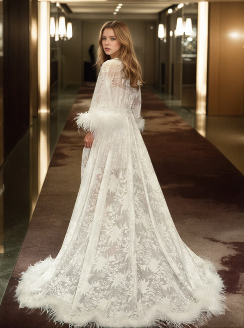 Luxury White Feather Trim Lace Long Robe Dress Set | Bridal Getting Ready & Photoshoot Gown