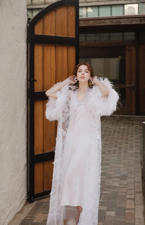 Ostrich Feather Sequin 3D Floral Lace Long Robe with Sequin Nightgown Set