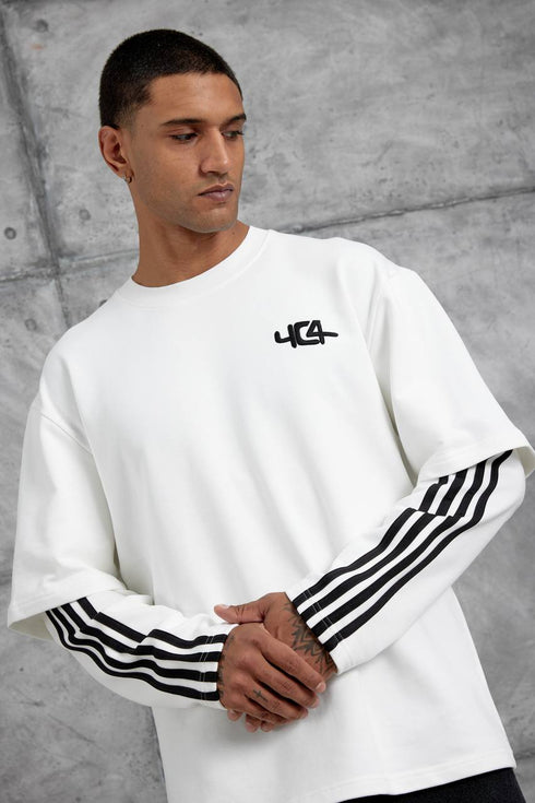 Oversized "404" Graphic T-Shirt – Layered Three-Stripe Long Sleeve