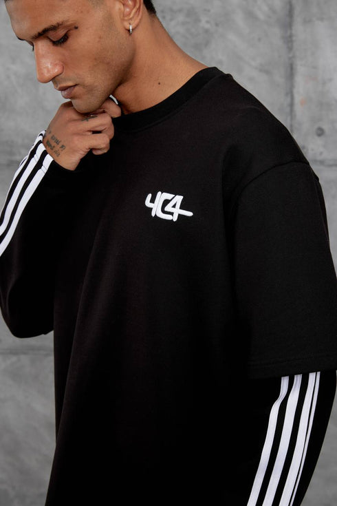 Oversized "404" Graphic T-Shirt – Layered Three-Stripe Long Sleeve