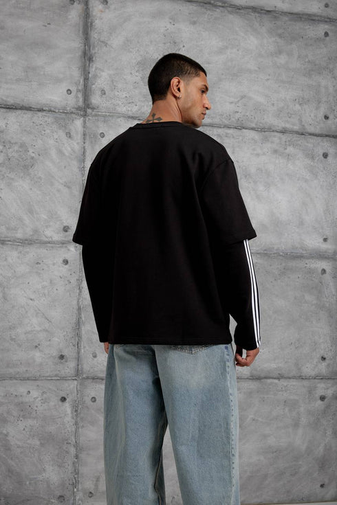 Oversized "404" Graphic T-Shirt – Layered Three-Stripe Long Sleeve